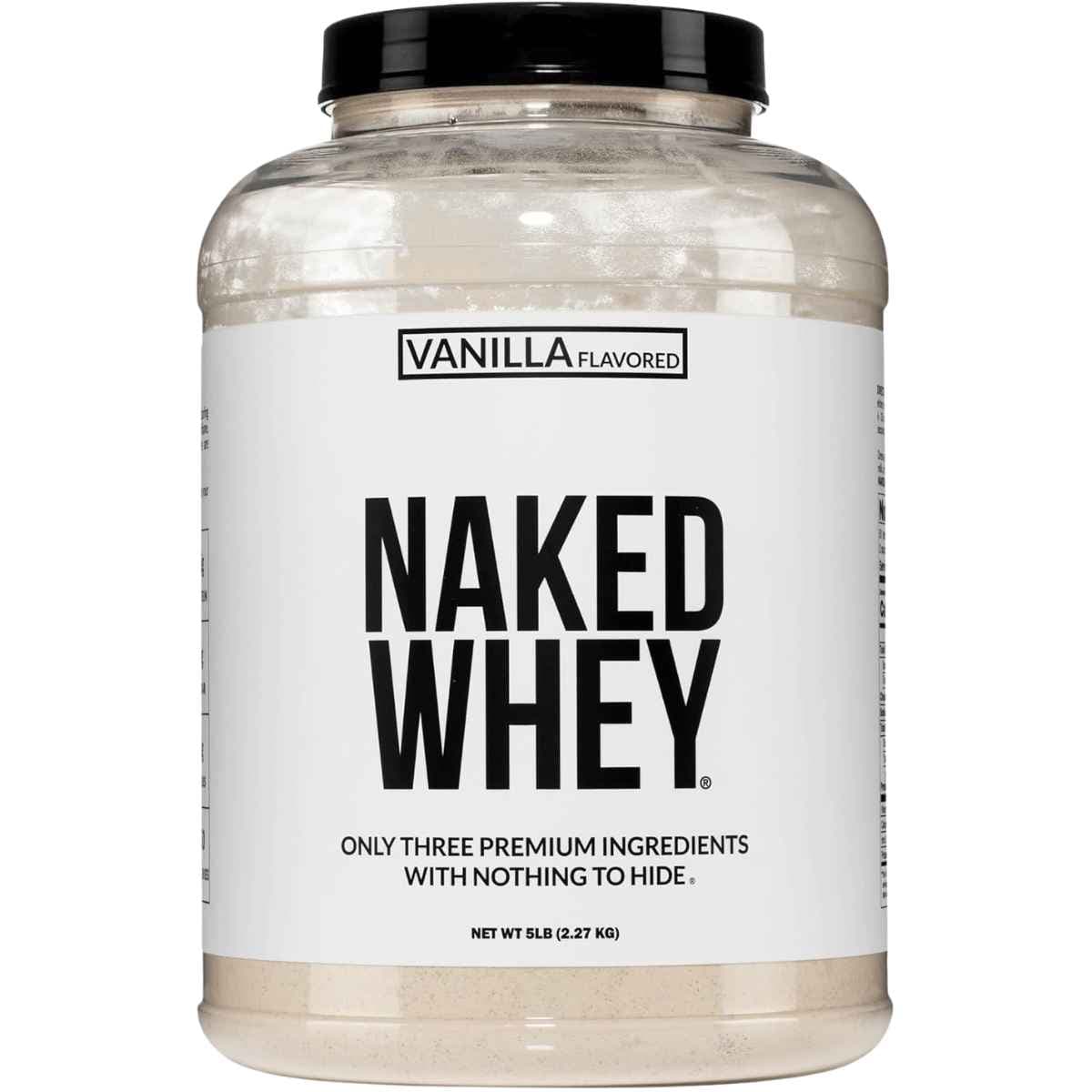 Frasco frontal de Naked Whey sabor vainilla, presentación de 5 lb