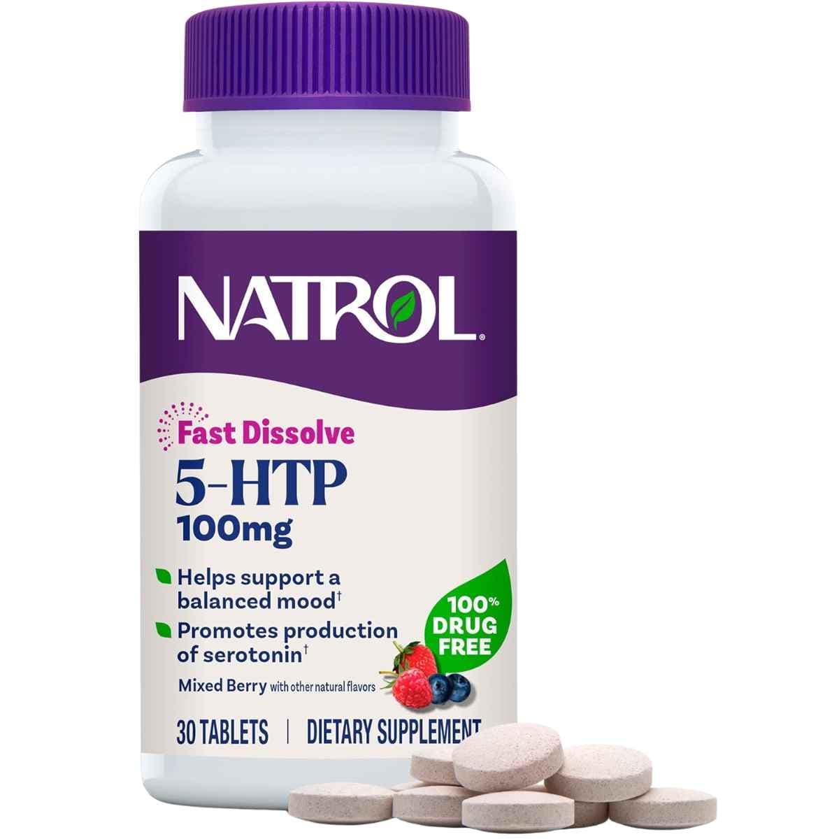 Frasco de suplemento Natrol 5-HTP Mezcla de Bayas 100 mg 30 tabletas