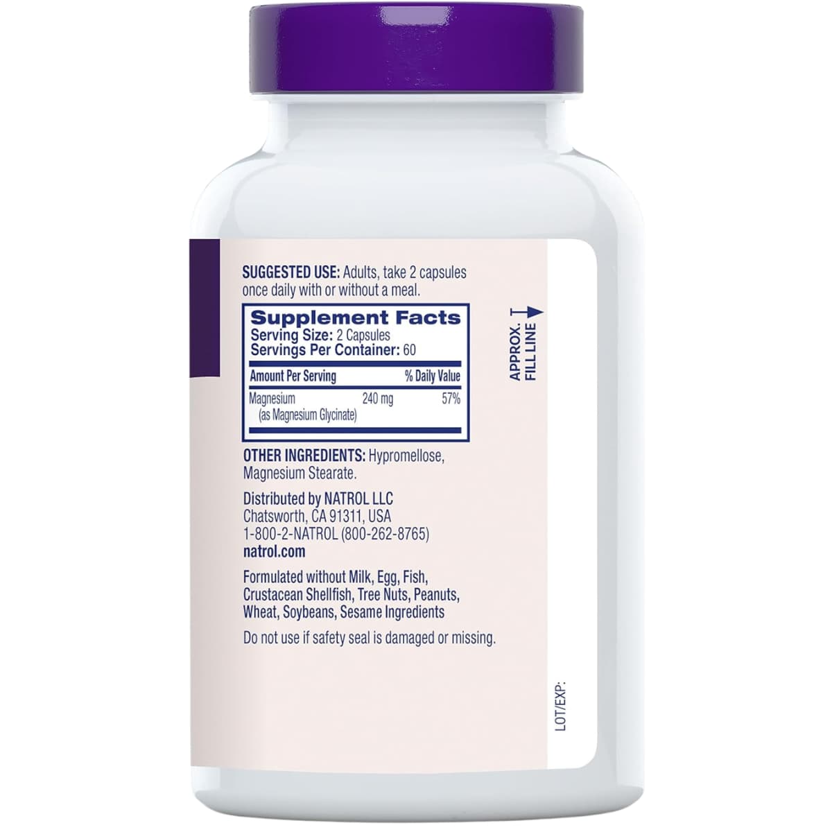 Tabla nutricional del suplemento Natrol Glicinato de Magnesio 120 cápsulas