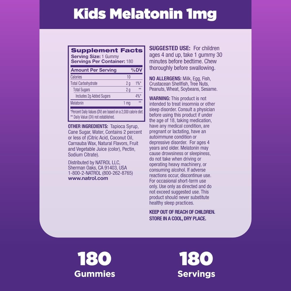 Tabla nutricional del suplemento Natrol Melatonina para Niños Frambuesa 1 mg 180 gomitas