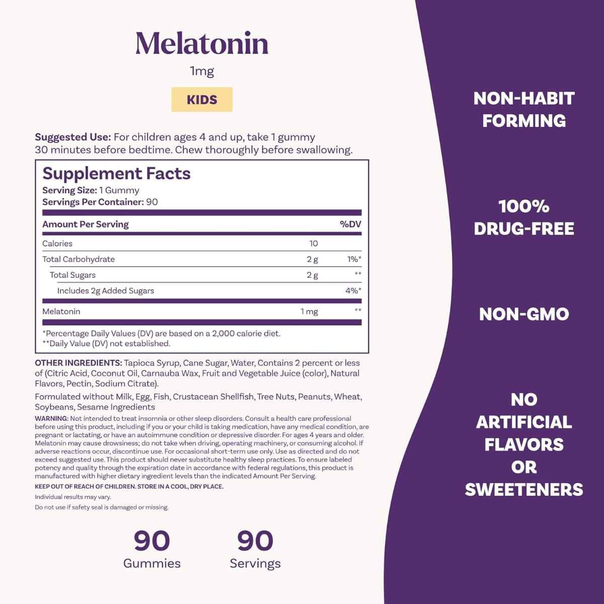 Tabla nutricional del suplemento Natrol Melatonina para Niños Frambuesa 1 mg 90 gomitas