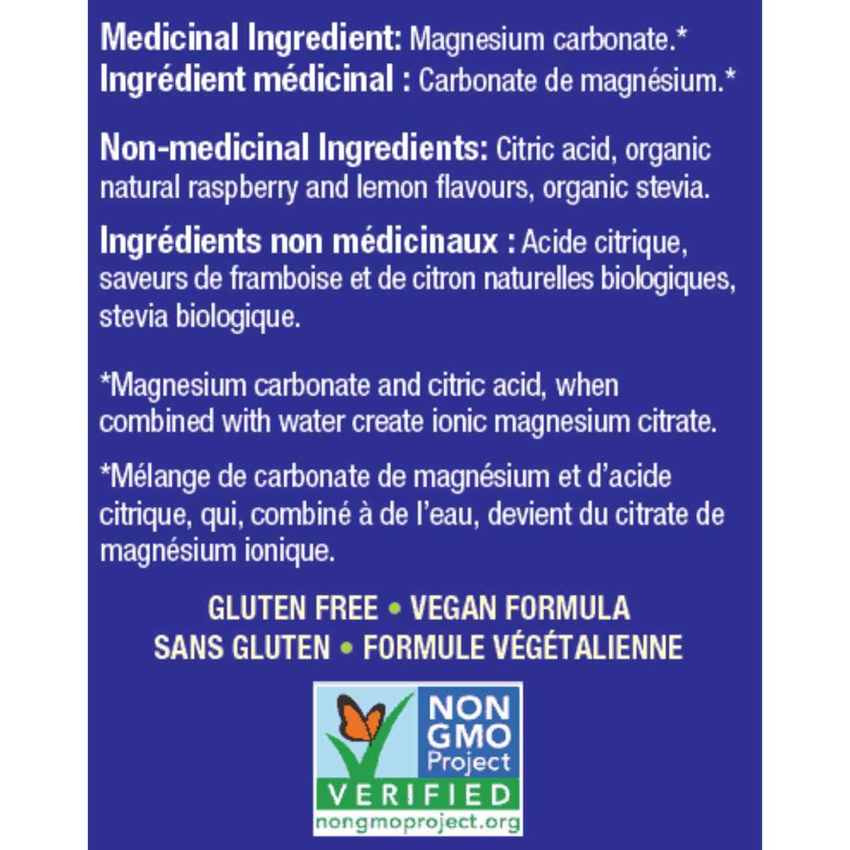 Etiqueta con ingredientes del suplemento Natural Calm Citrato de Magnesio para Niños Sabor Frambuesa-Limón 113 g.