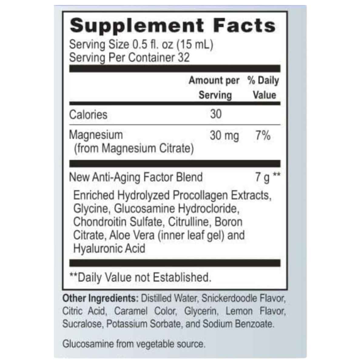 Tabla de información del suplemento de Natural Energy Vital ProCollagen
