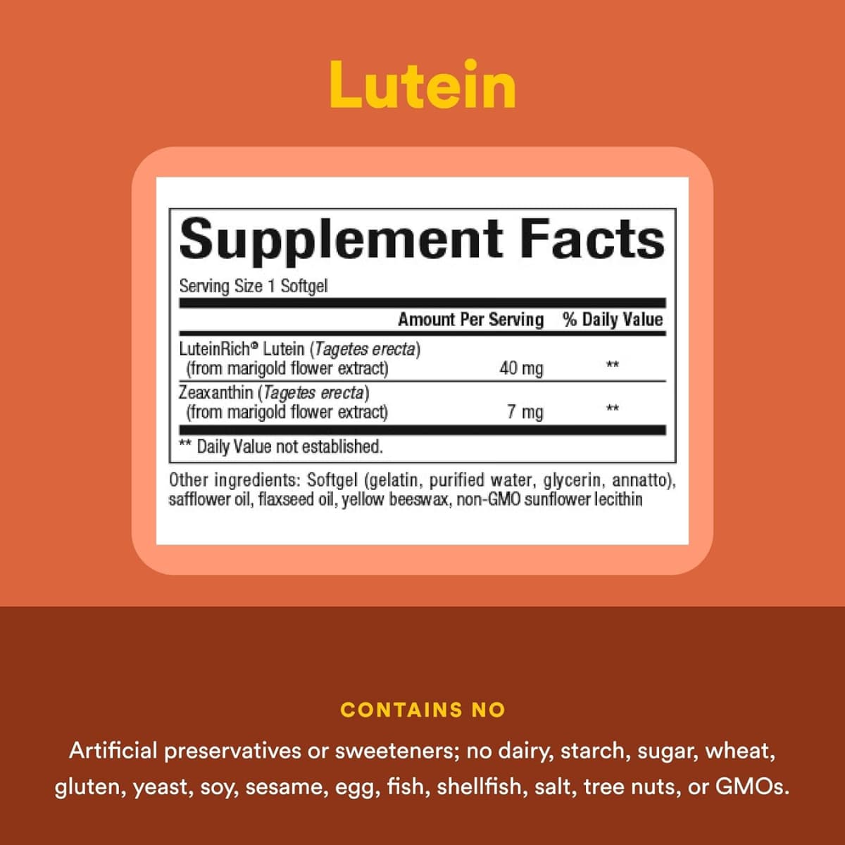 Tabla nutricional del suplemento Natural Factors Luteína con Zeaxantina 60 cápsulas blandas