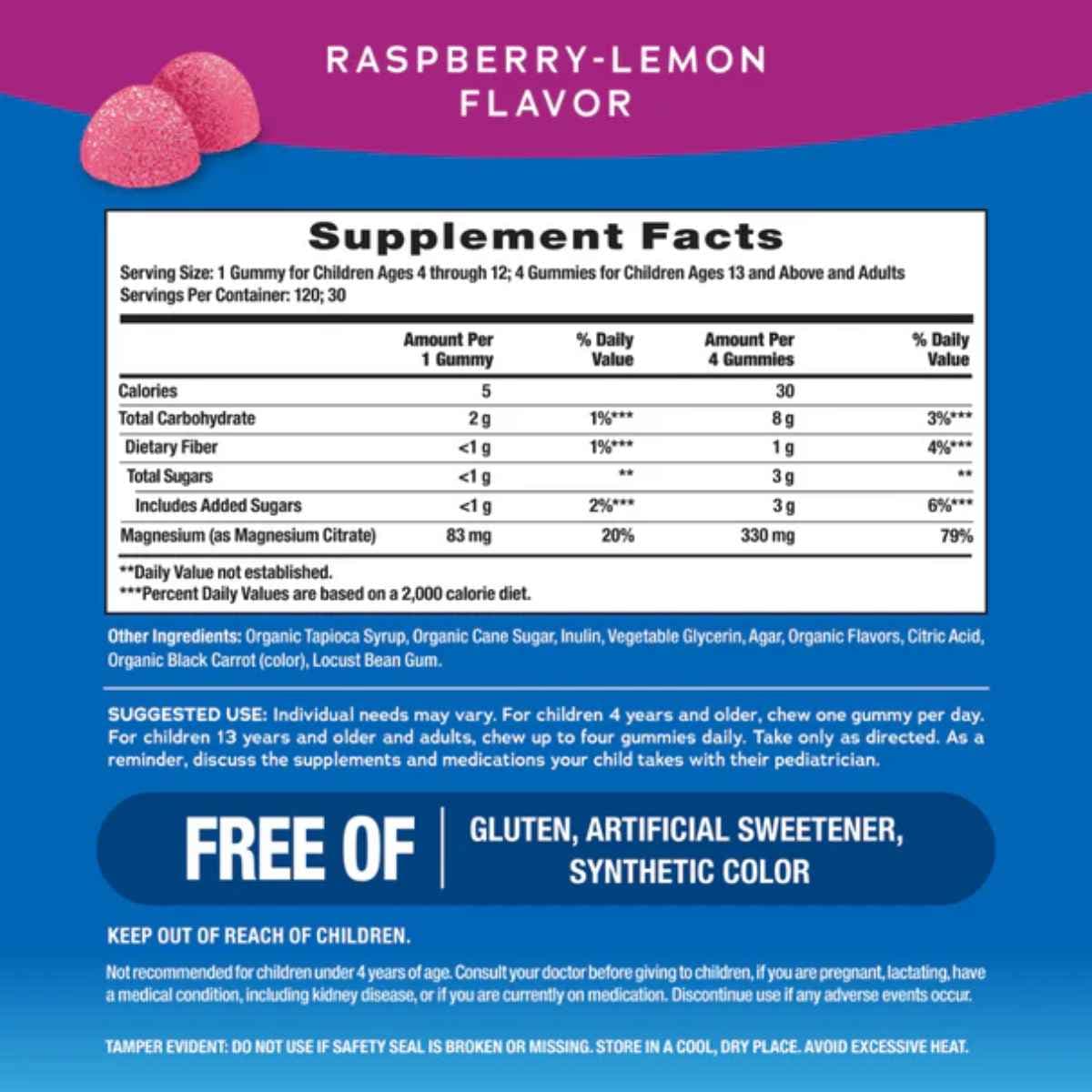 Tabla nutricional del suplemento Natural Vitality Calm Citrato de Magnesio sabor Frambuesa-Limón 120 gomitas