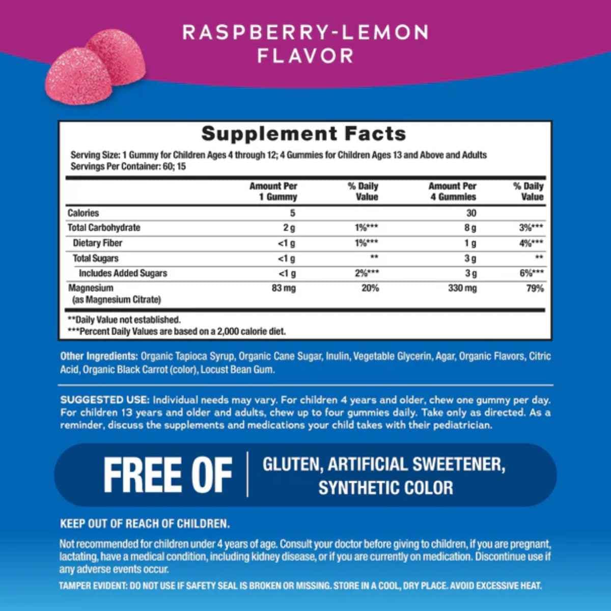 Tabla nutricional del suplemento Natural Vitality Calm Citrato de Magnesio sabor Frambuesa-Limón 60 gomitas