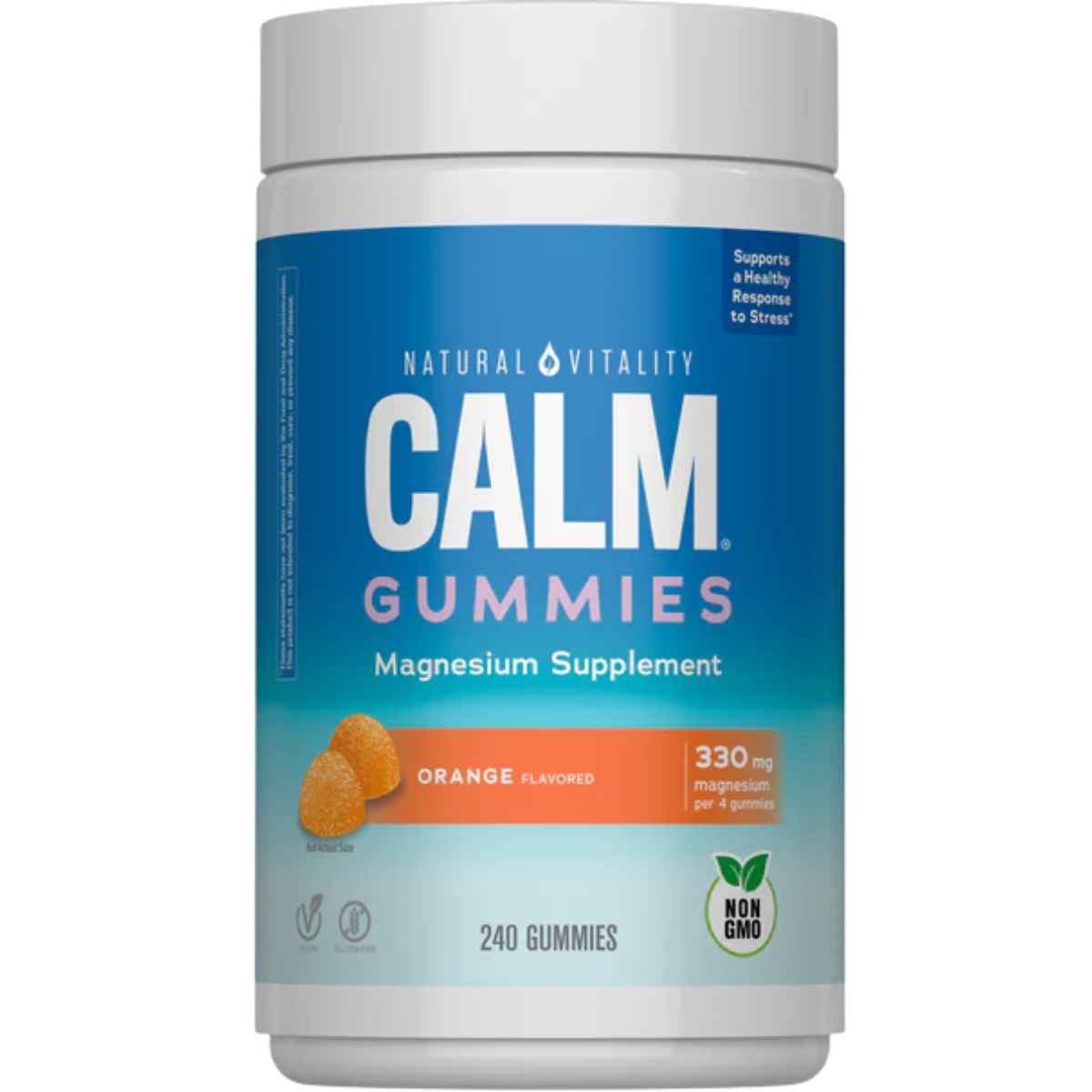 Frasco de suplemento Natural Vitality Calm Citrato de Magnesio sabor Naranja 240 gomitas