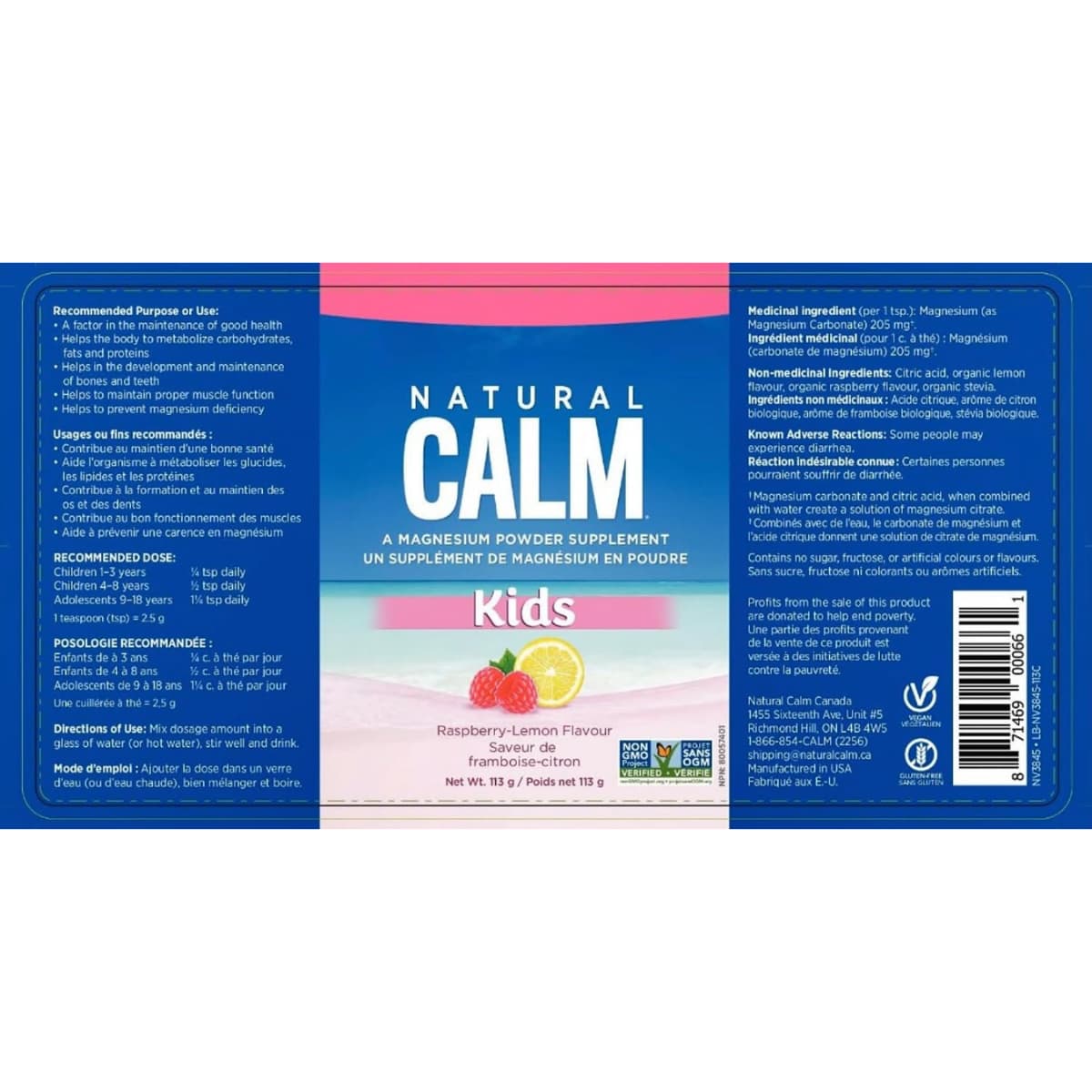 Etiqueta completa de Natural Vitality CALM Kids magnesio sabor frambuesa-limón de 113 g