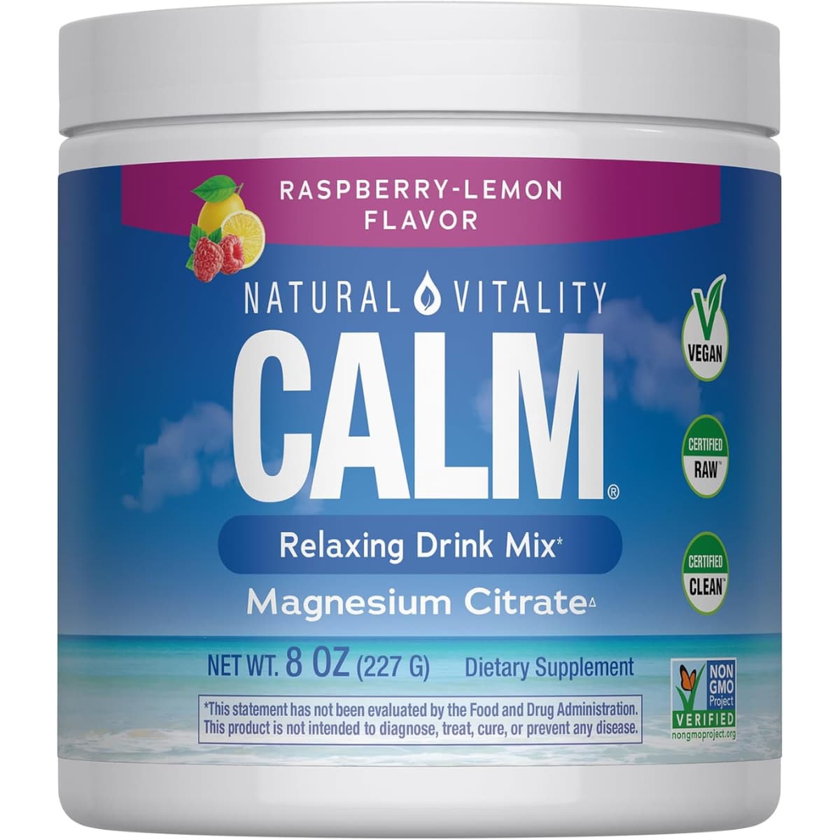 Frasco frontal de Natural Vitality CALM magnesio sabor frambuesa-limón de 8 oz