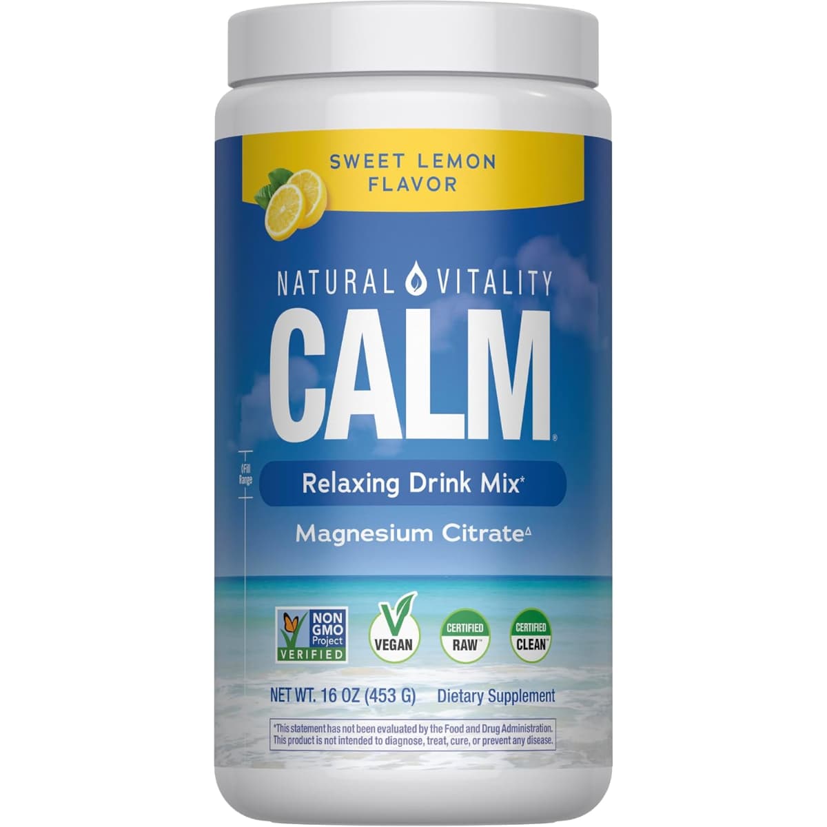 Frasco frontal de Natural Vitality CALM magnesio sabor limón de 16 oz