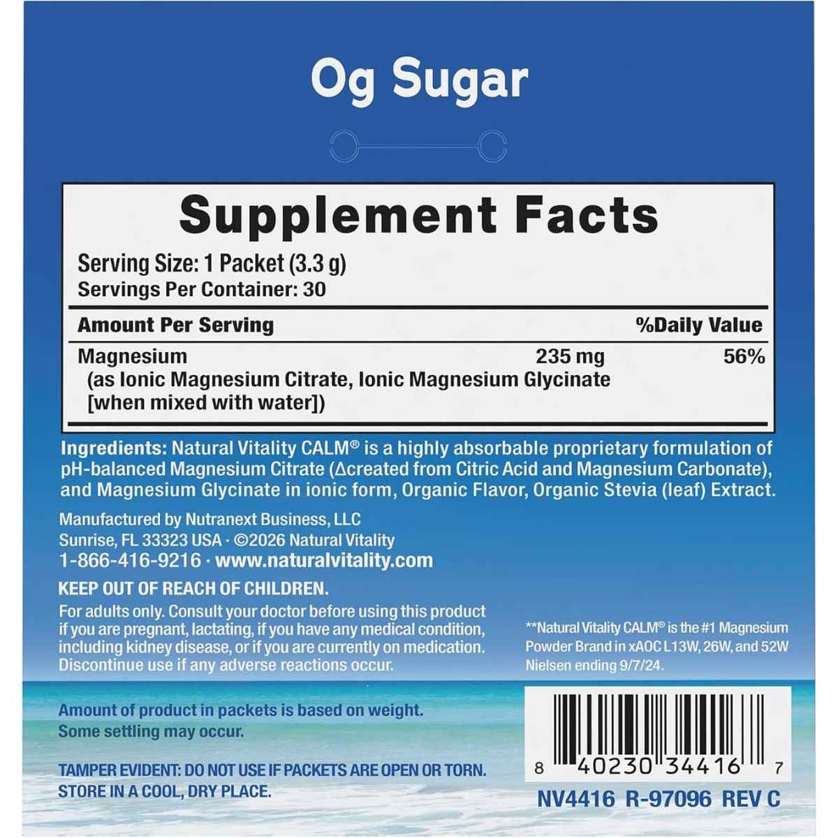 Tabla de información del suplemento de Natural Vitality CALM magnesio en sobres.