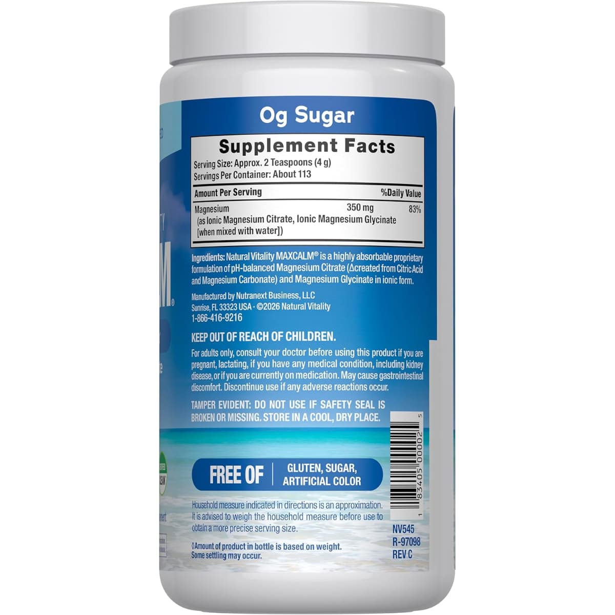 Información del suplemento de Natural Vitality MAXCALM magnesio sin sabor de 16 oz