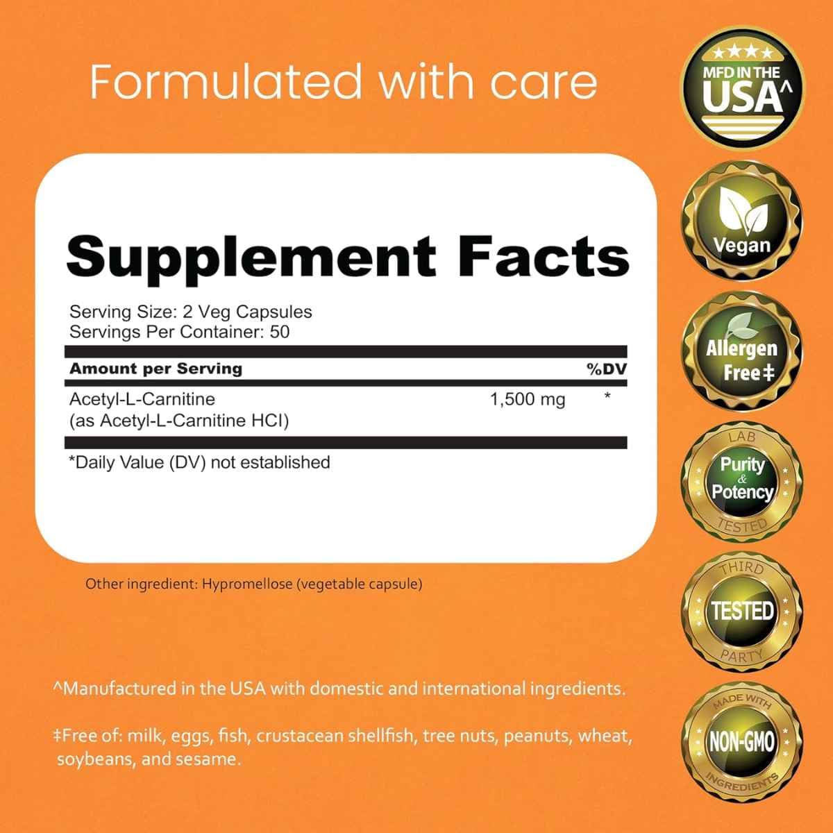 Tabla nutricional del suplemento NaturaLife Labs Acetil-L-Carnitina 100 cápsulas