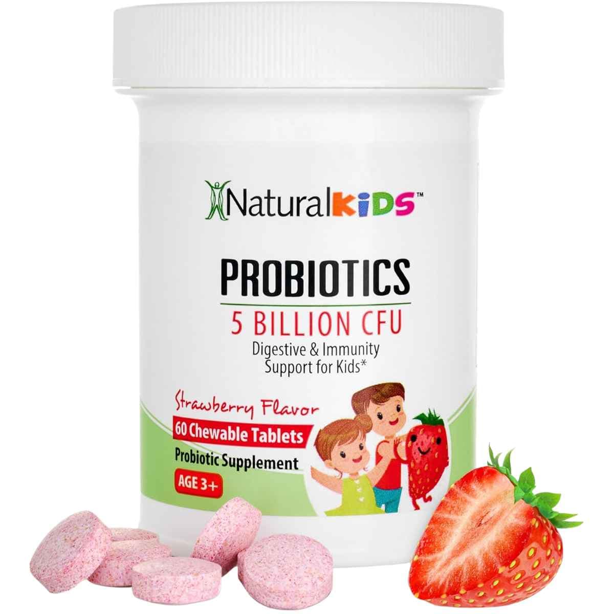 Frasco de suplemento NaturalKids Probióticos Sabor Fresa 60 tabletas masticables