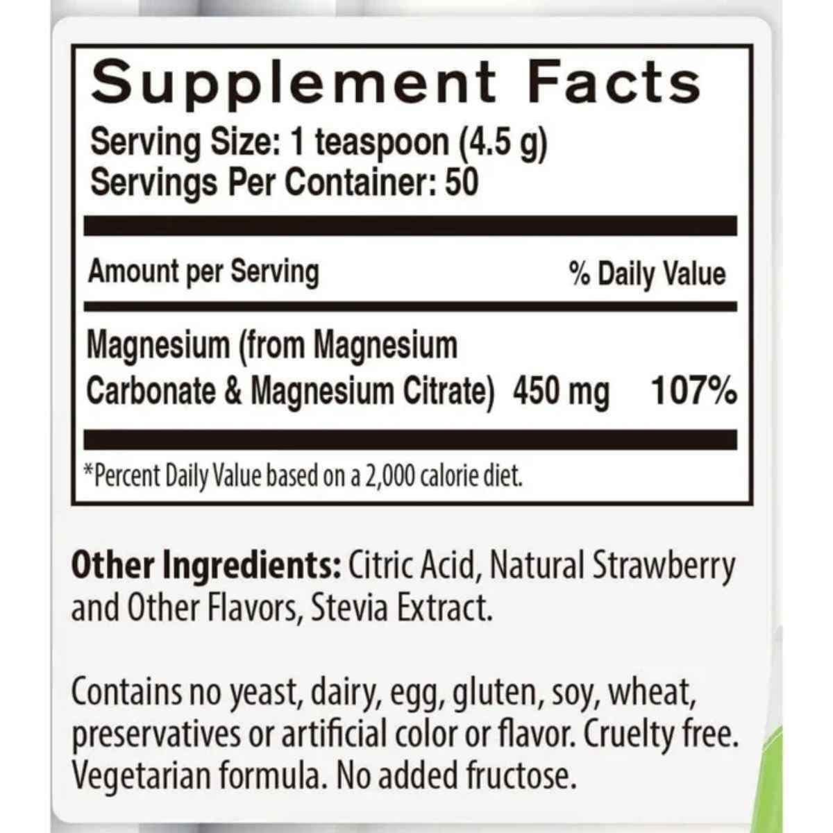 Información del suplemento de NaturalSlim MagicMag magnesio en polvo, sabor Fresa y Limón Natural, 226 g.