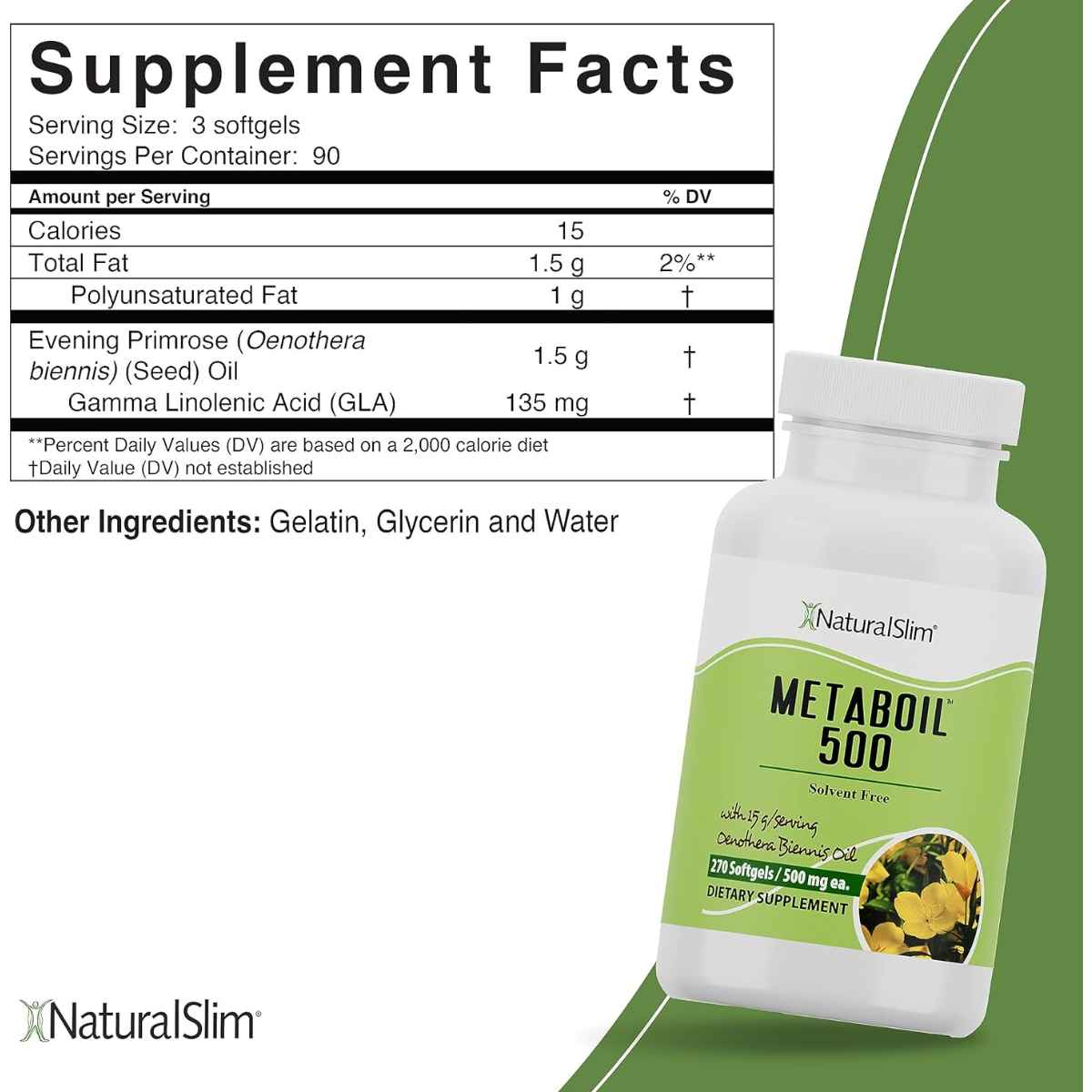 Etiqueta Supplement Facts de NaturalSlim Metaboil 500 aceite de onagra