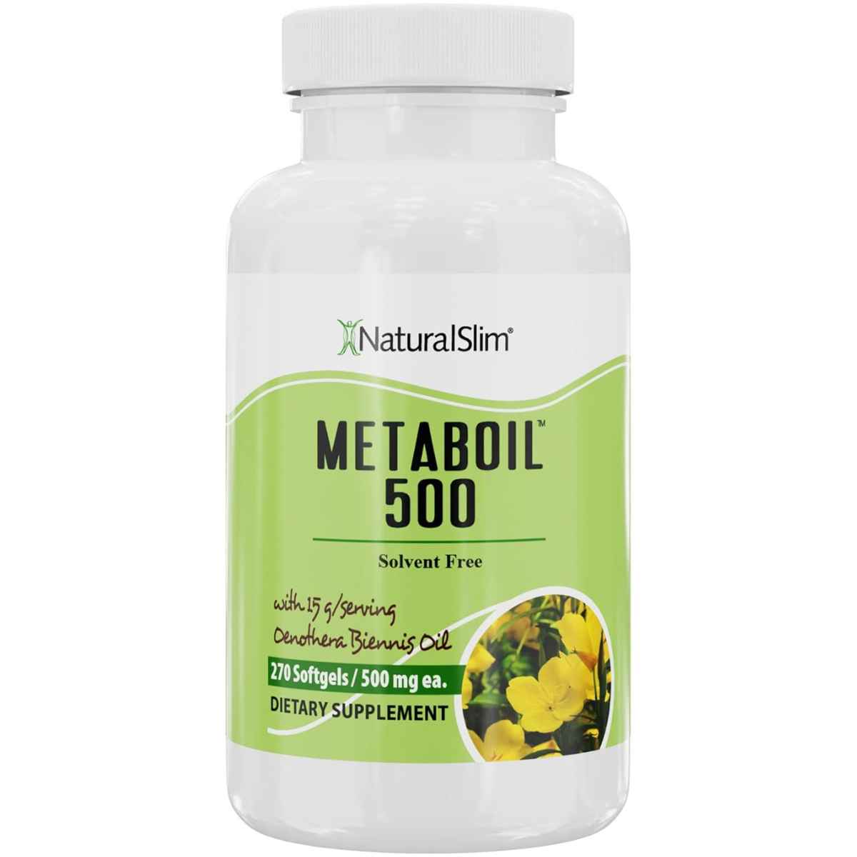 Frasco de NaturalSlim Metaboil 500 aceite de onagra de 270 cápsulas blandas.