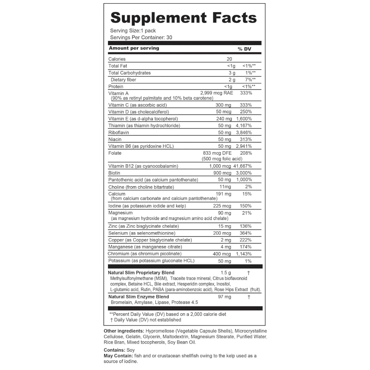 Tabla nutricional del suplemento NaturalSlim Metabolic Vitamins 30 paquetes