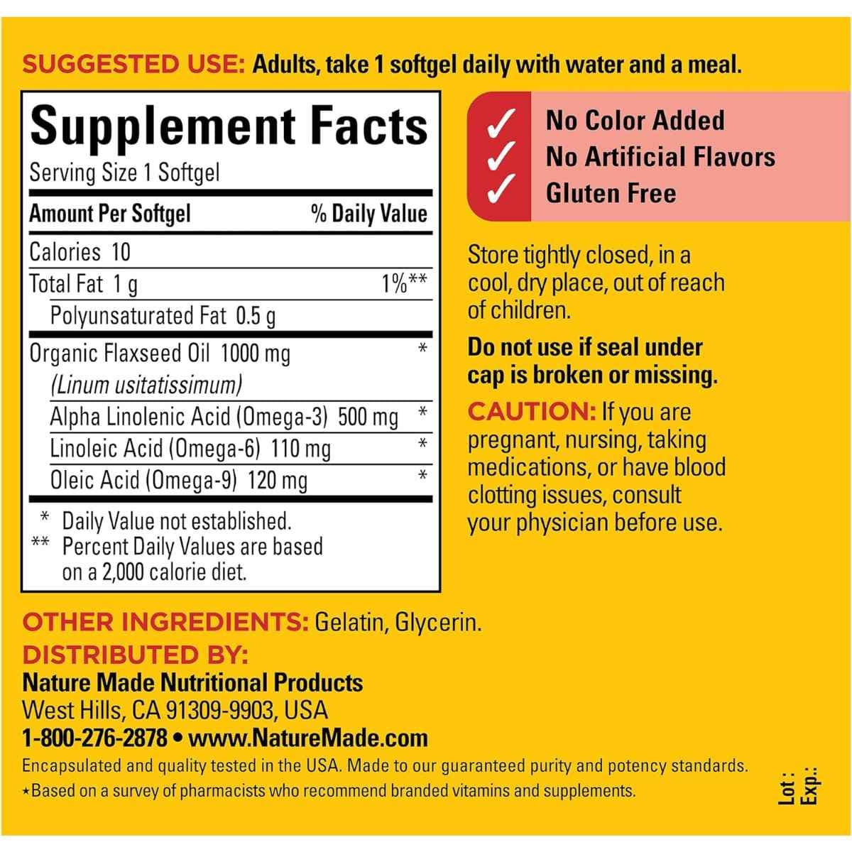 Tabla nutricional del suplemento Nature Made Aceite de Linaza Orgánico 1000 mg 100 Cápsulas Blandas