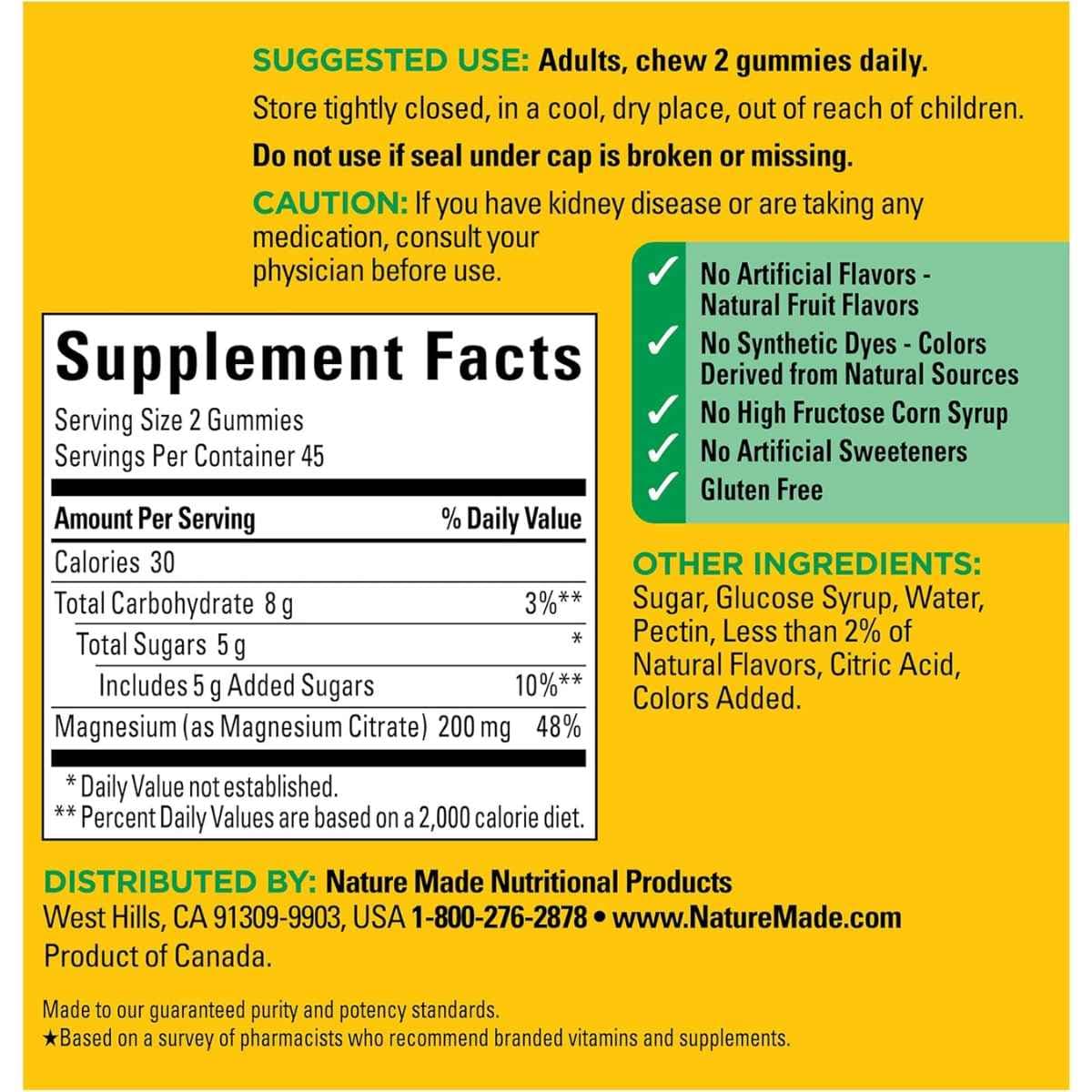 Tabla nutricional del suplemento Nature Made Citrato de Magnesio de Alta Absorción Sabor Mezcla de Bayas 90 Gomitas