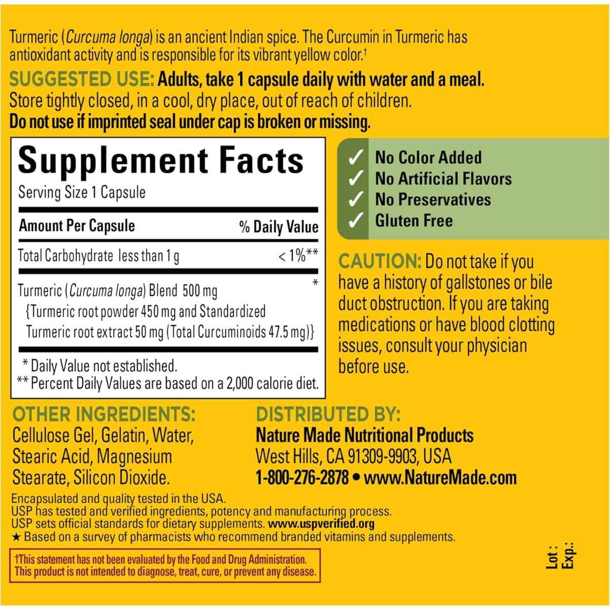 Tabla nutricional del suplemento Nature Made Cúrcuma 500 mg 120 cápsulas