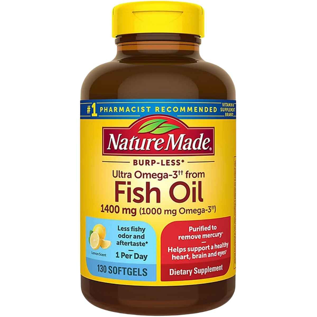 Frasco frontal de Nature Made omega 3 de aceite de pescado, presentación de 130 cápsulas blandas