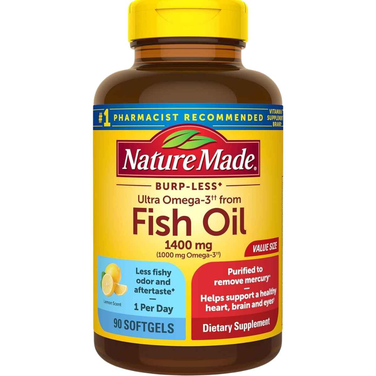 Frasco frontal de Nature Made omega 3 de aceite de pescado, presentación de 90 cápsulas blandas