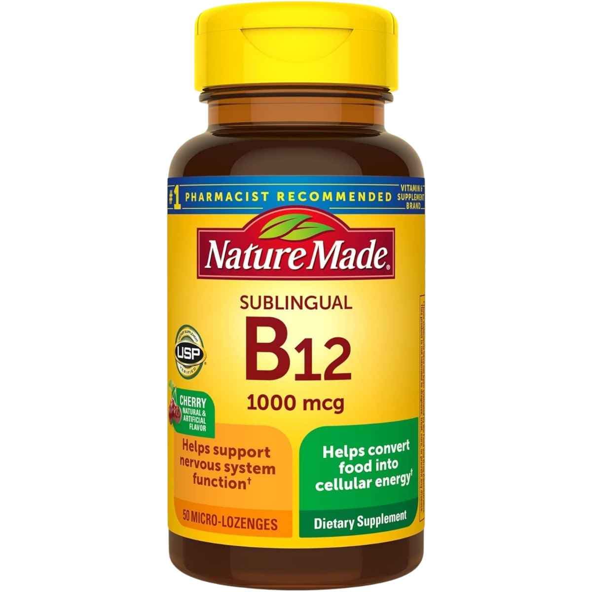 Frasco de suplemento Nature Made Vitamina B12 Cereza 50 pastillas