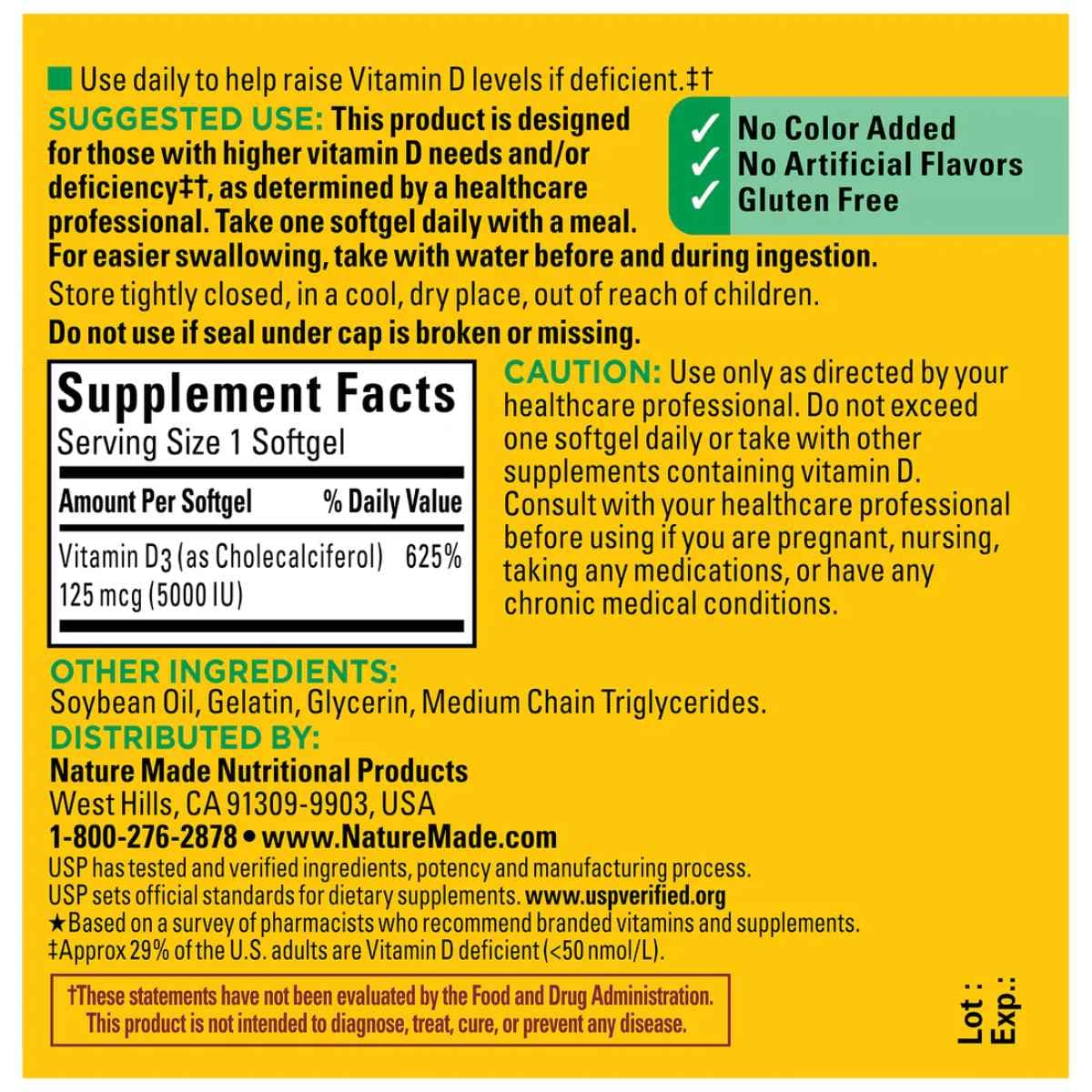 Tabla nutricional del suplemento Nature Made Vitamina D3 180cápsulas blandas