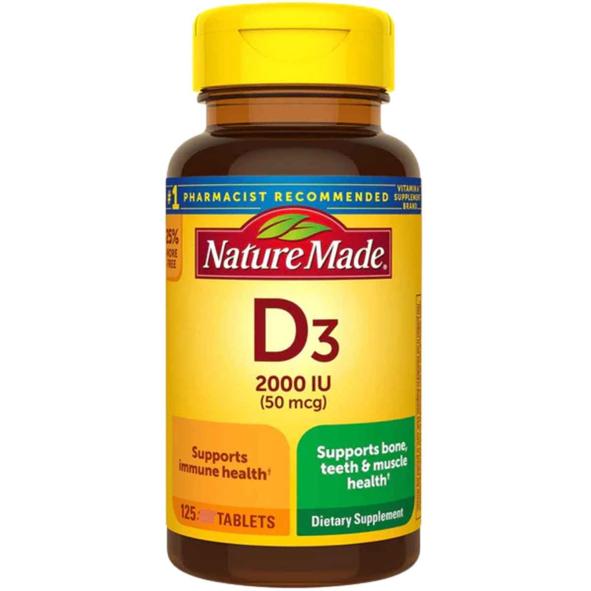 Frasco de suplemento Nature Made Vitamina D3 2000 IU 120 tabletas