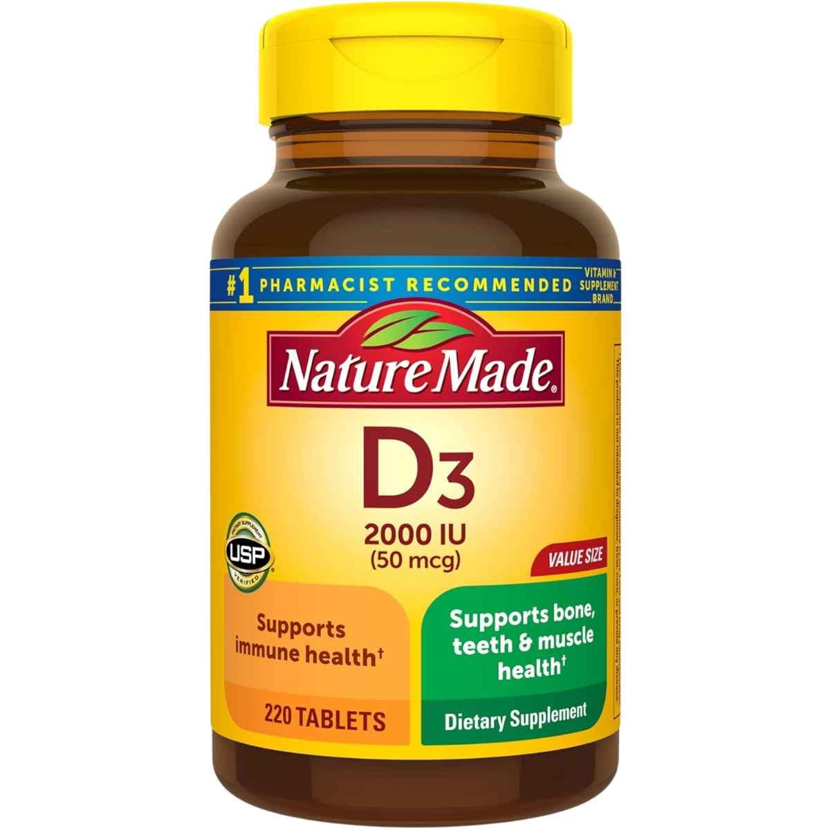 Frasco de suplemento Nature Made Vitamina D3 2000 IU 220 tabletas