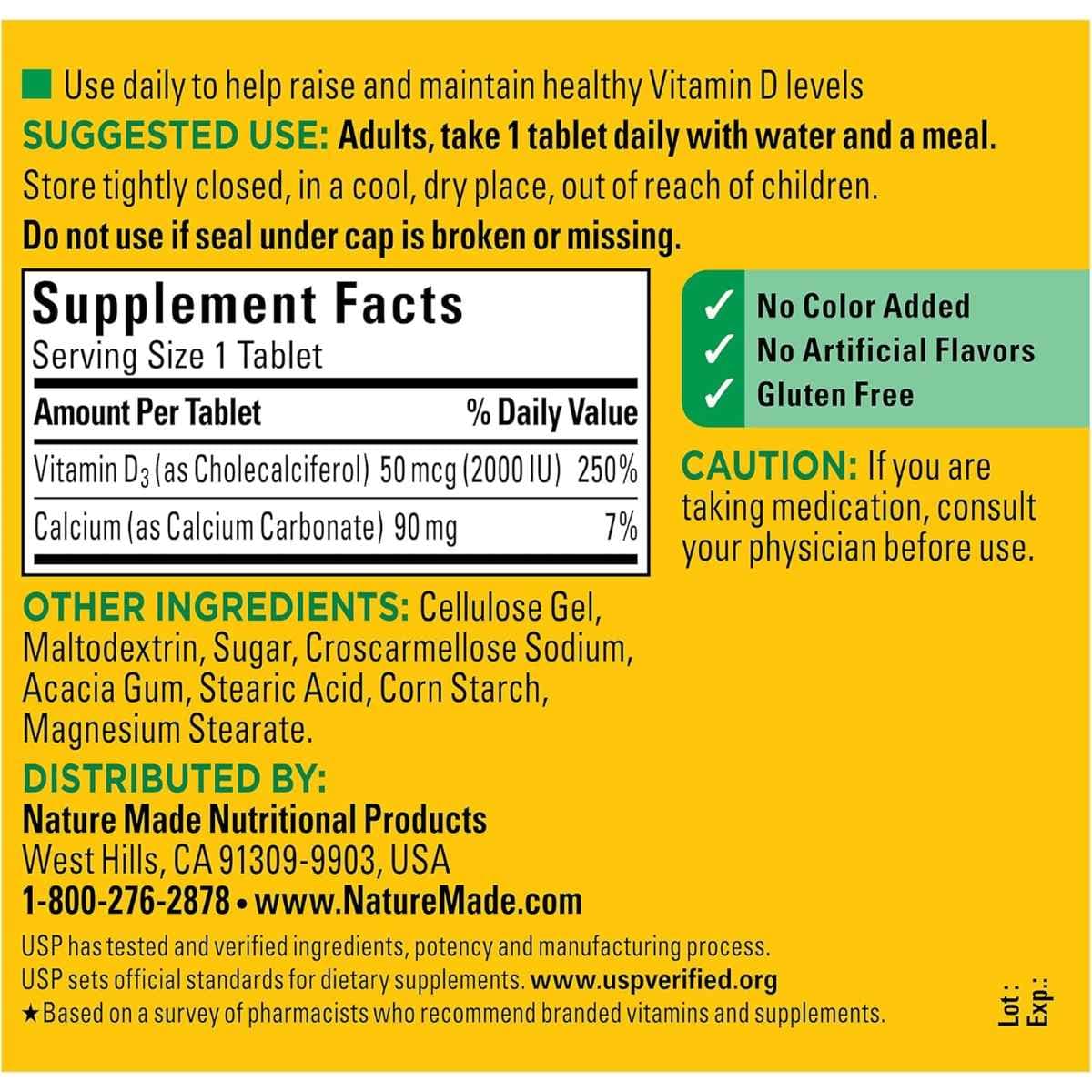 Tabla nutricional del suplemento Nature Made Vitamina D3 2000 IU 400 tabletas