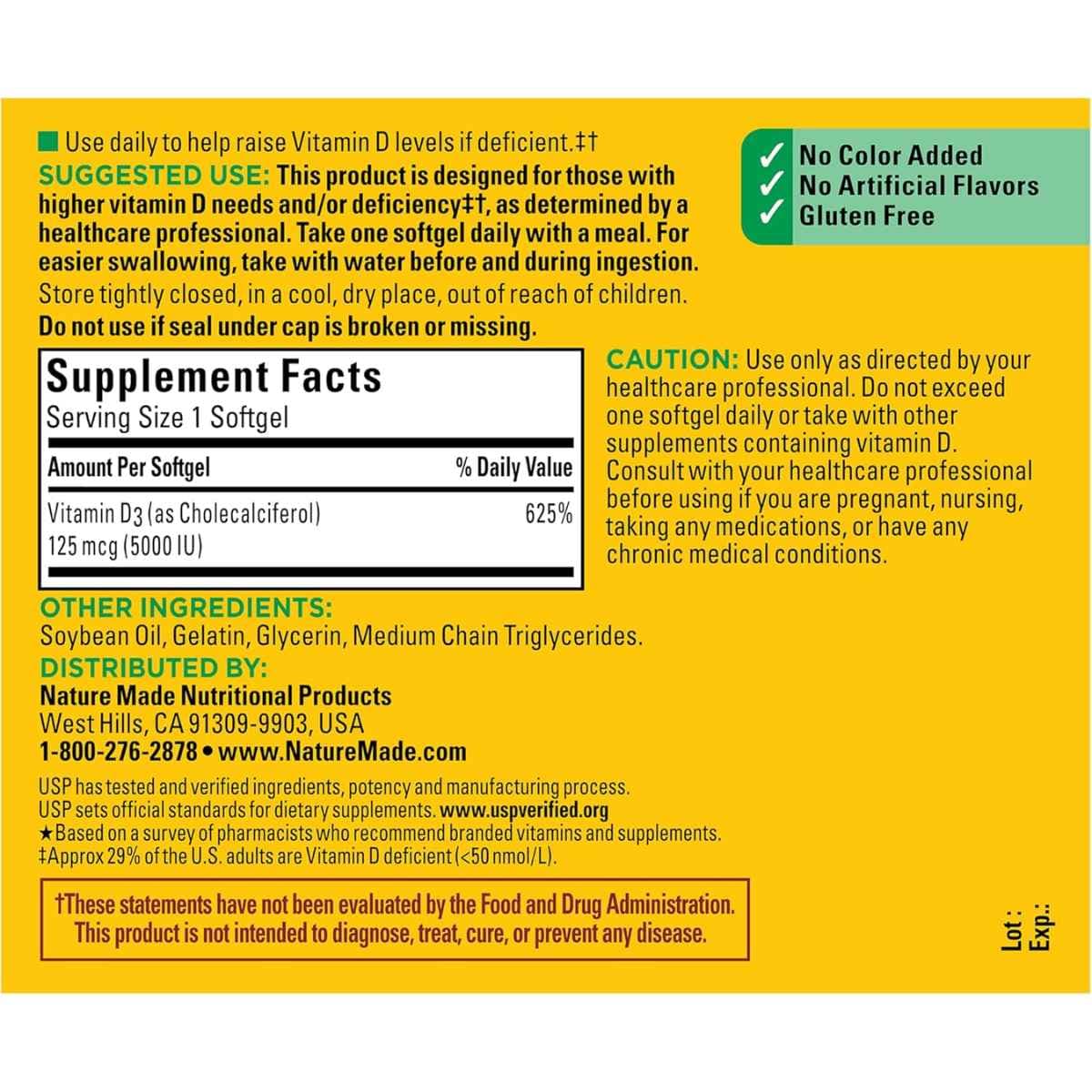 Tabla nutricional del suplemento Nature Made Vitamina D3 360 cápsulas blandas