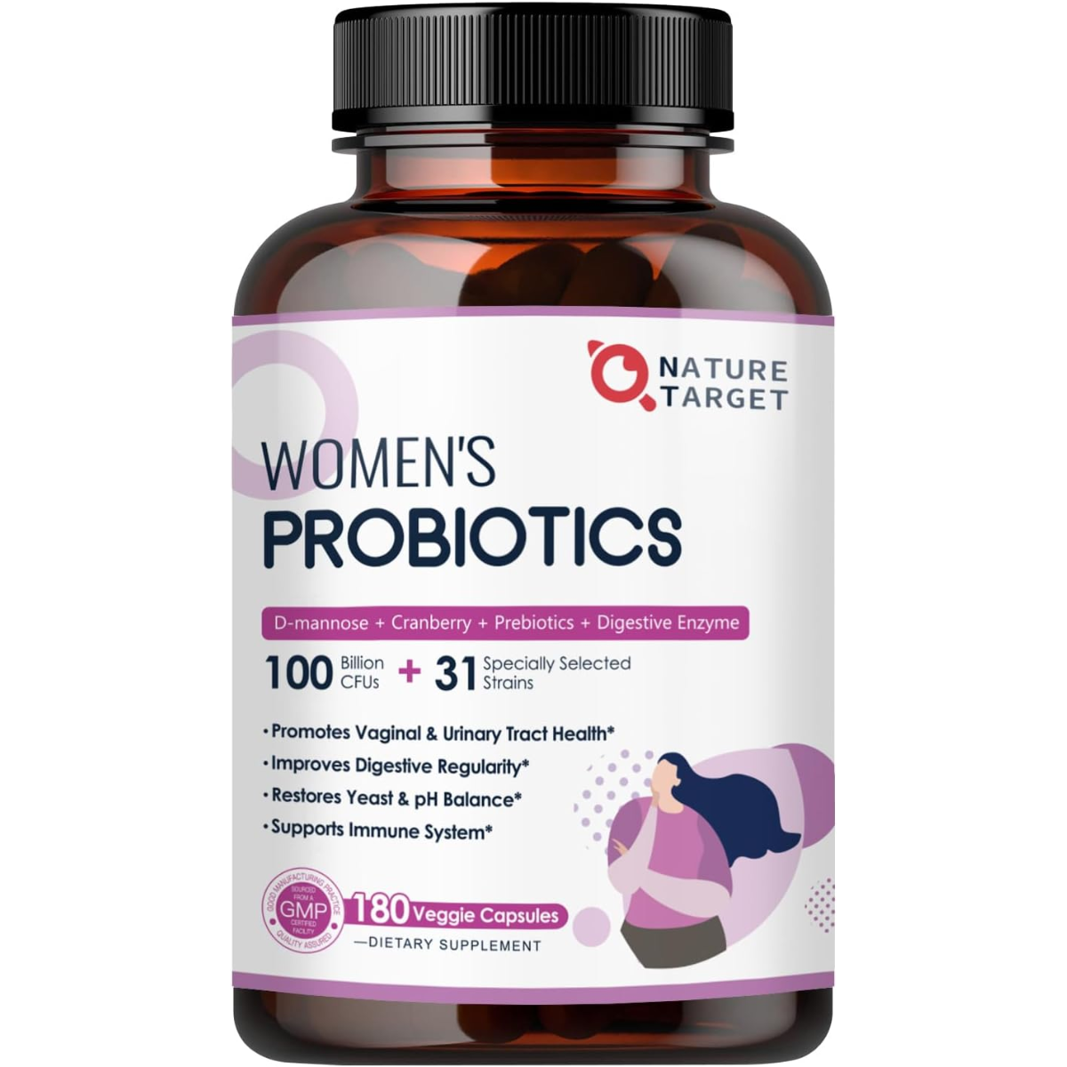 Frasco de suplemento Nature Target Probióticos para Mujer 100 Billion CFUs 180 cápsulas vegetales