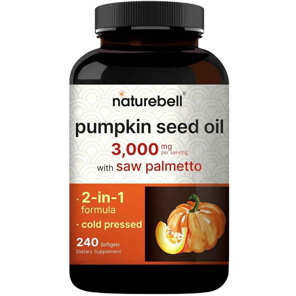 Frasco de suplemento NatureBell Aceite de Semilla de Calabaza y Saw Palmetto 240 cápsulas blandas