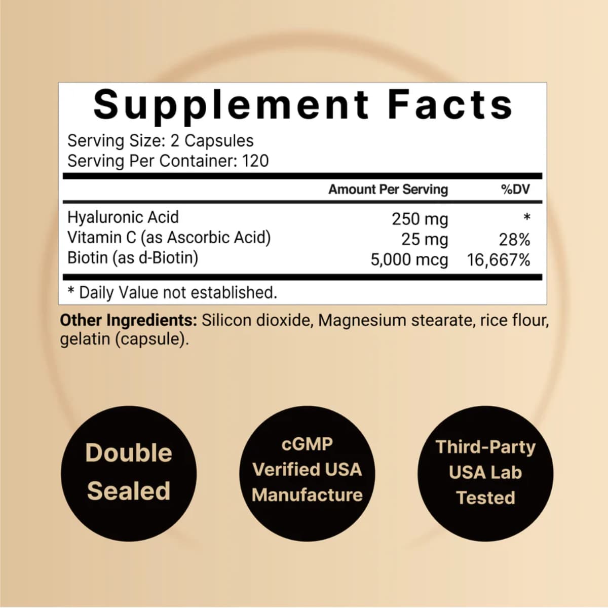 Tabla nutricional del suplemento NatureBell Ácido Hialurónico 240 cápsulas