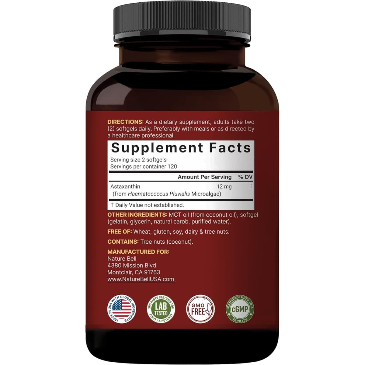 Información del suplemento de NatureBell astaxantina 12 mg, 240 cápsulas blandas