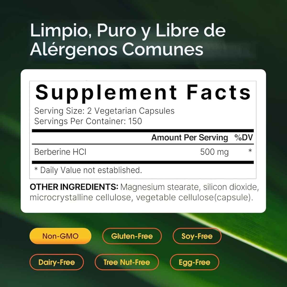 Tabla nutricional del suplemento NatureBell Berberina HCl 300 cápsulas vegetales