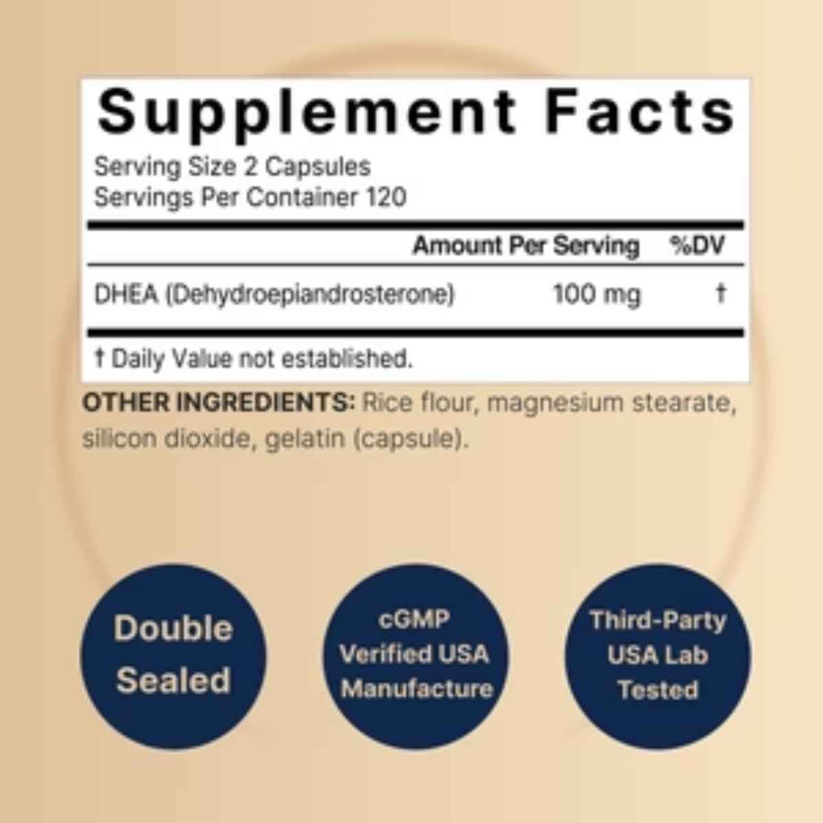 Tabla nutricional del suplemento NatureBell DHEA 100 mg 240 cápsulas