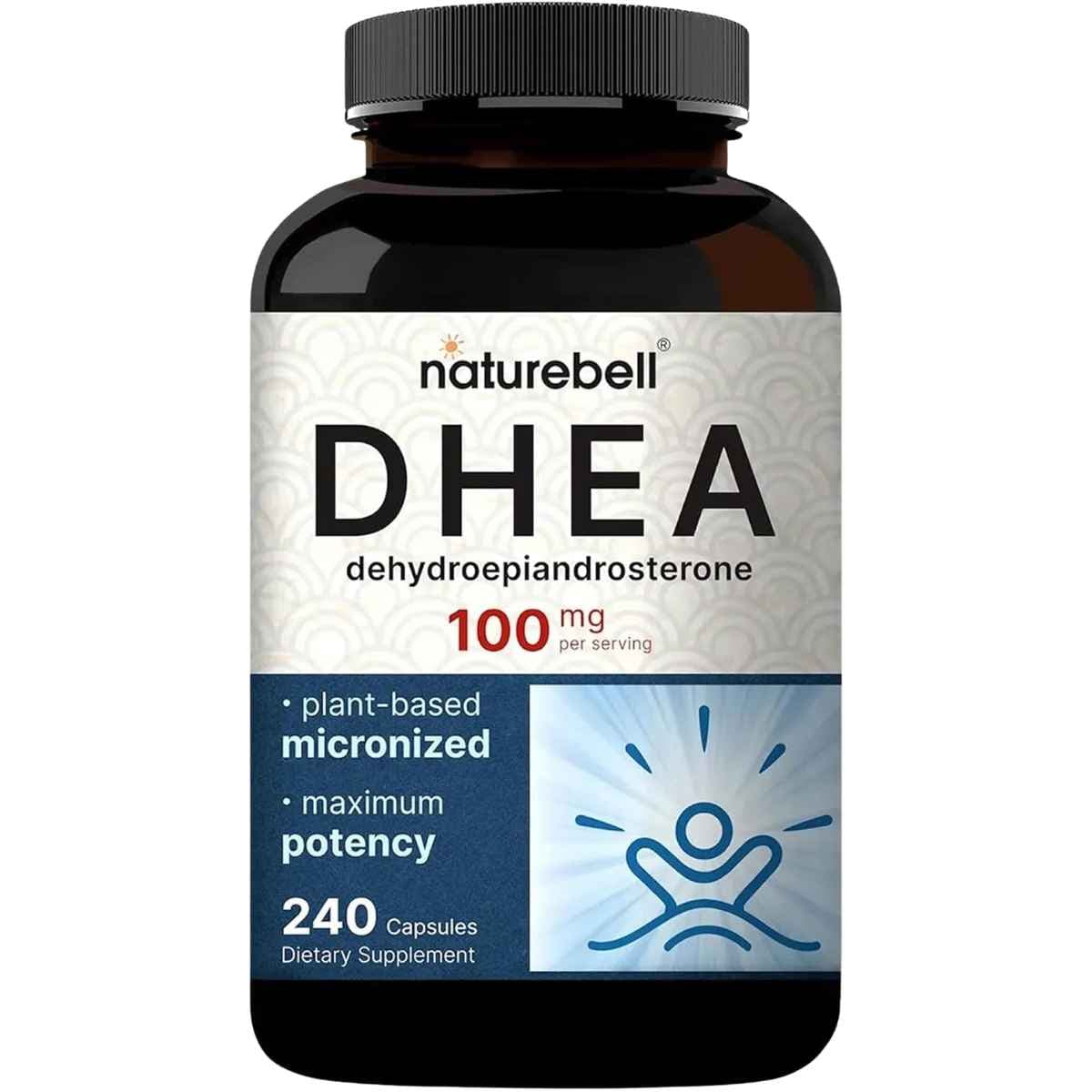 Frasco de suplemento NatureBell DHEA 100 mg 240 cápsulas