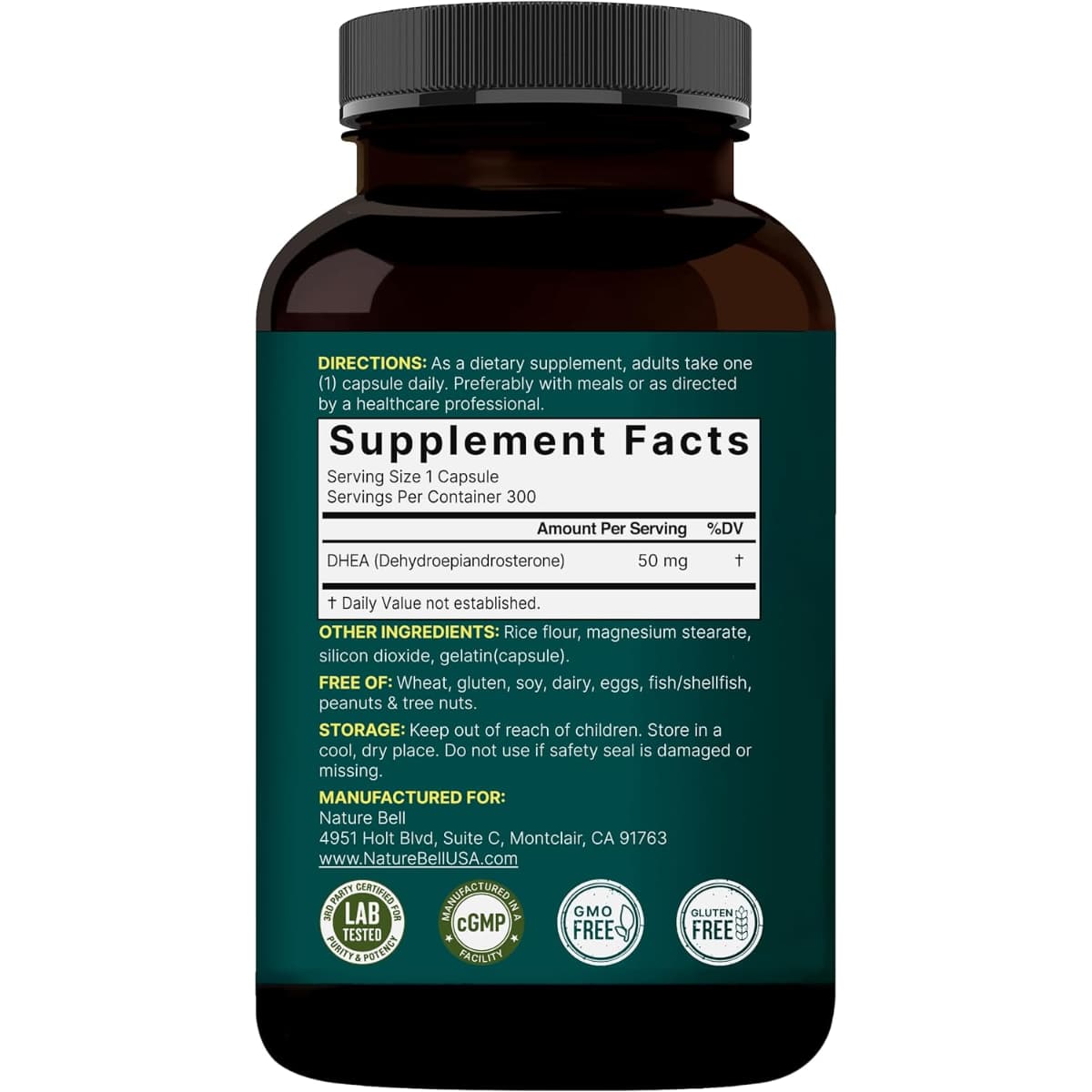 Tabla nutricional del suplemento Naturebell DHEA (Dehidroepiandrosterona) 50 mg 300 Cápsulas
