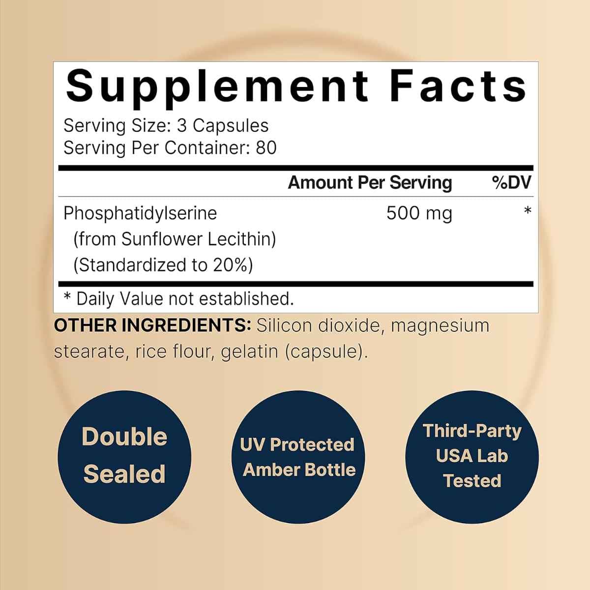 Tabla nutricional del suplemento NatureBell Fosfatidilserina Sin Soya 240 cápsulas
