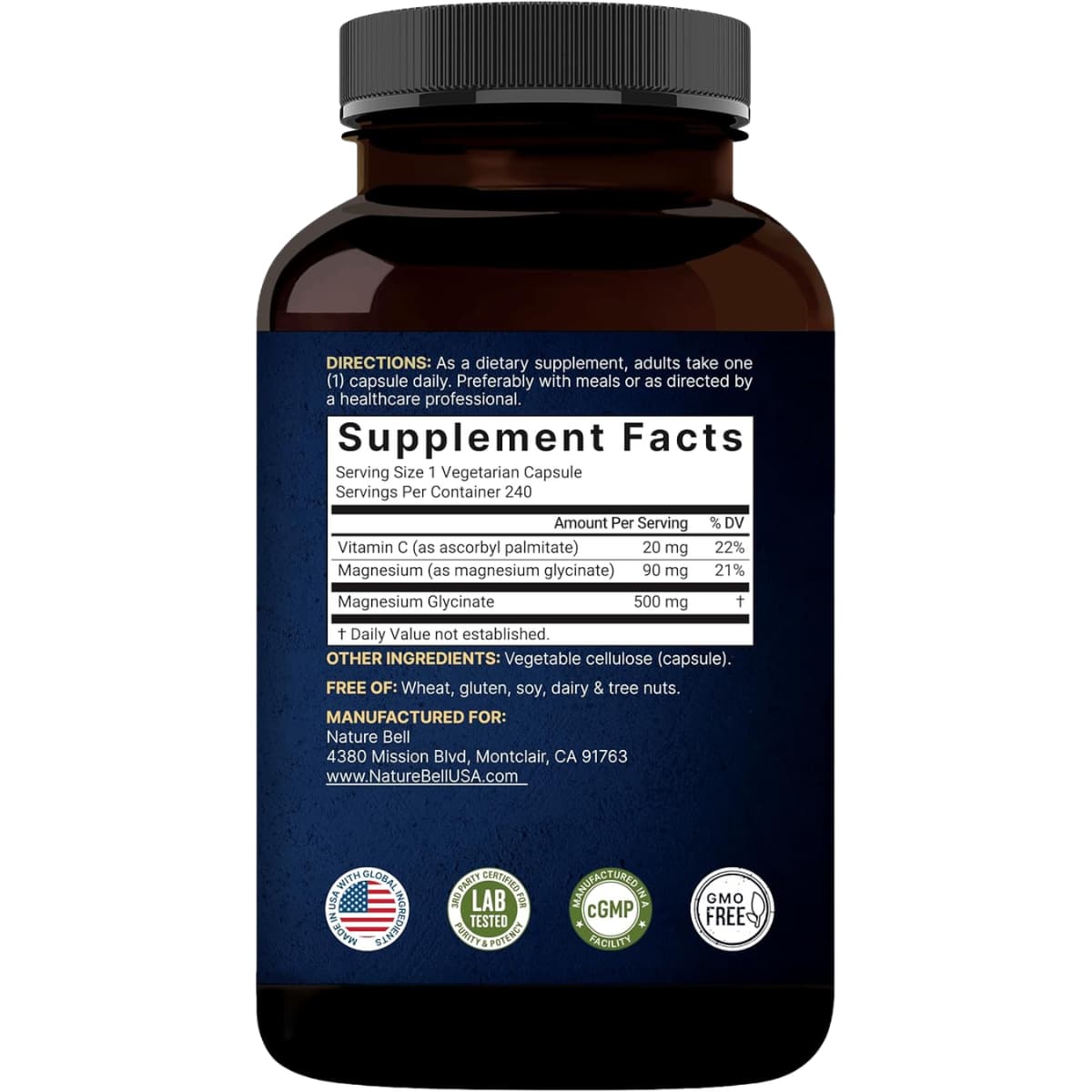 Información del suplemento de NatureBell glicinato de magnesio con vitamina C, presentación de 240 cápsulas