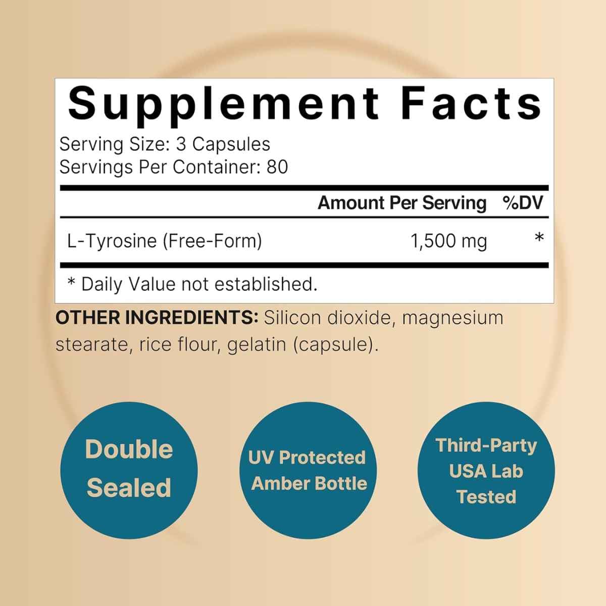 Tabla nutricional del suplemento NatureBell L-Tirosina 1500 mg 240 cápsulas