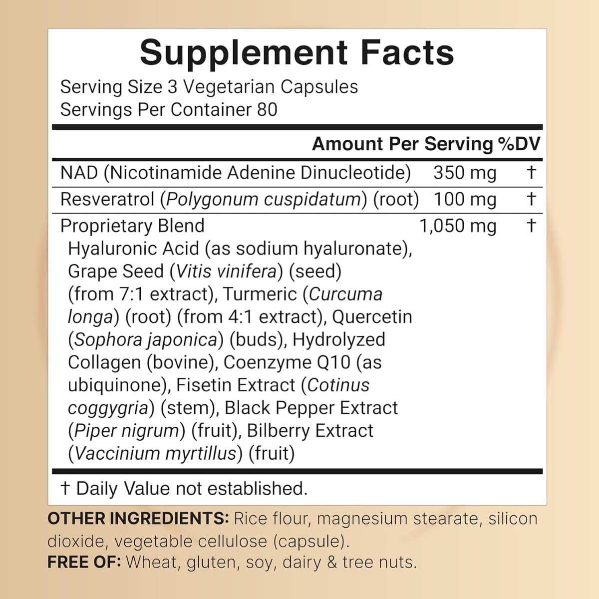 Información del suplemento NatureBell NAD+ 1500 mg por porción, 240 cápsulas