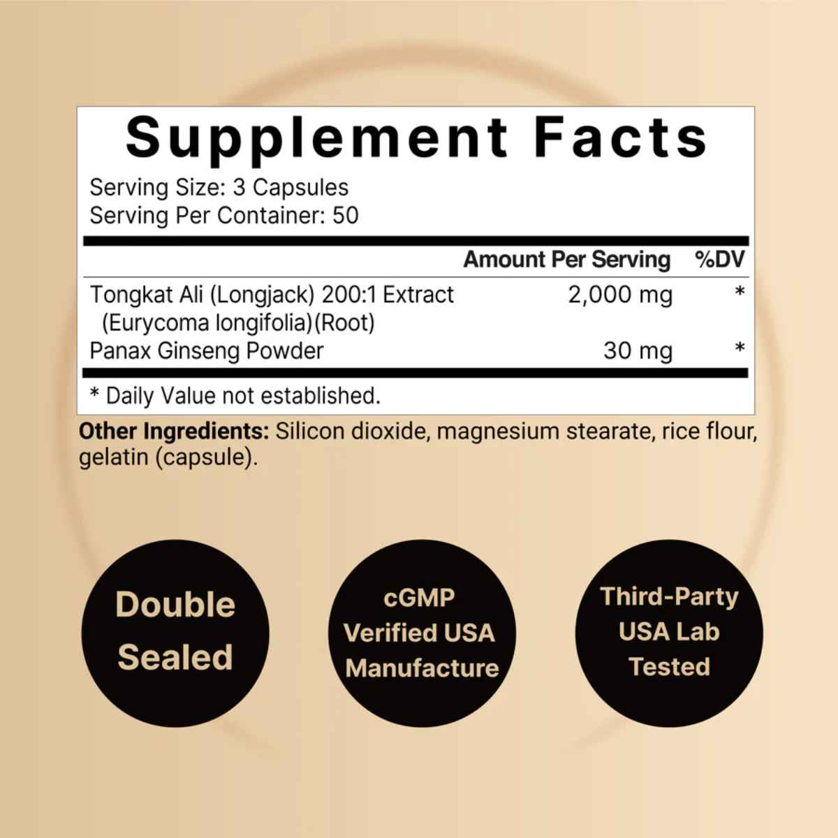 Tabla nutricional del suplemento NatureBell Tongkat Ali 200:1 150 cápsulas