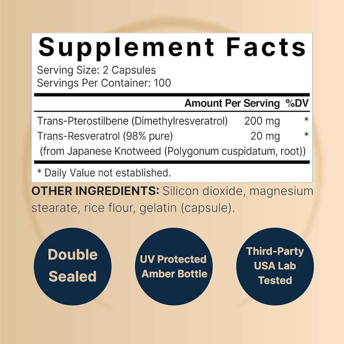 Tabla nutricional del suplemento NatureBell Trans-Pterostilbeno 200 mg 200 cápsulas