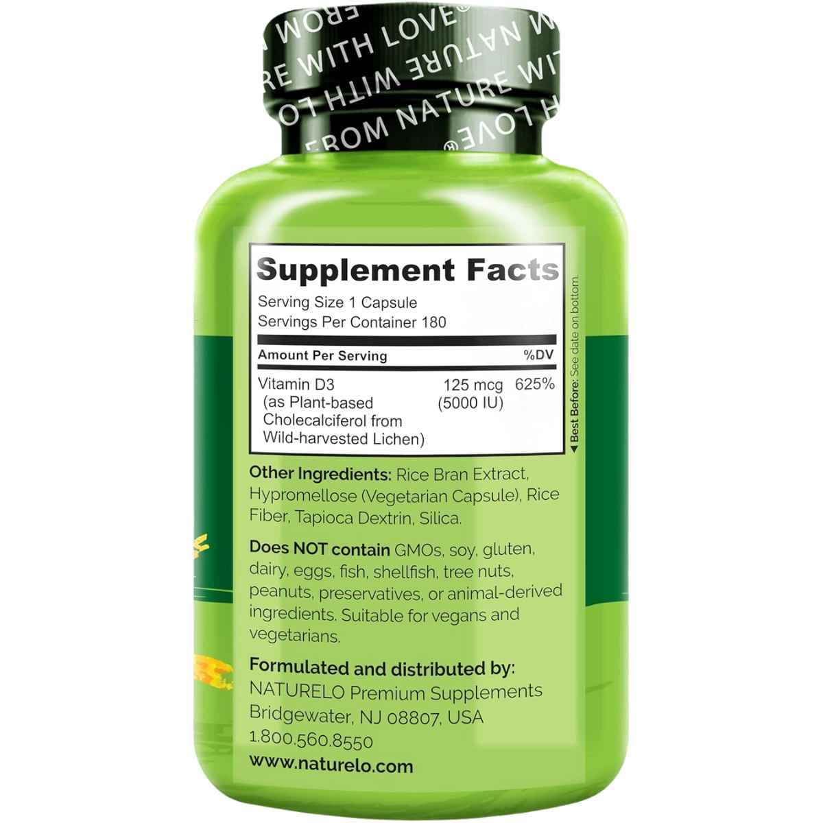 Tabla nutricional del suplemento Naturelo Vitamina D3 de Origen Vegetal 5000 UI 180 Cápsulas