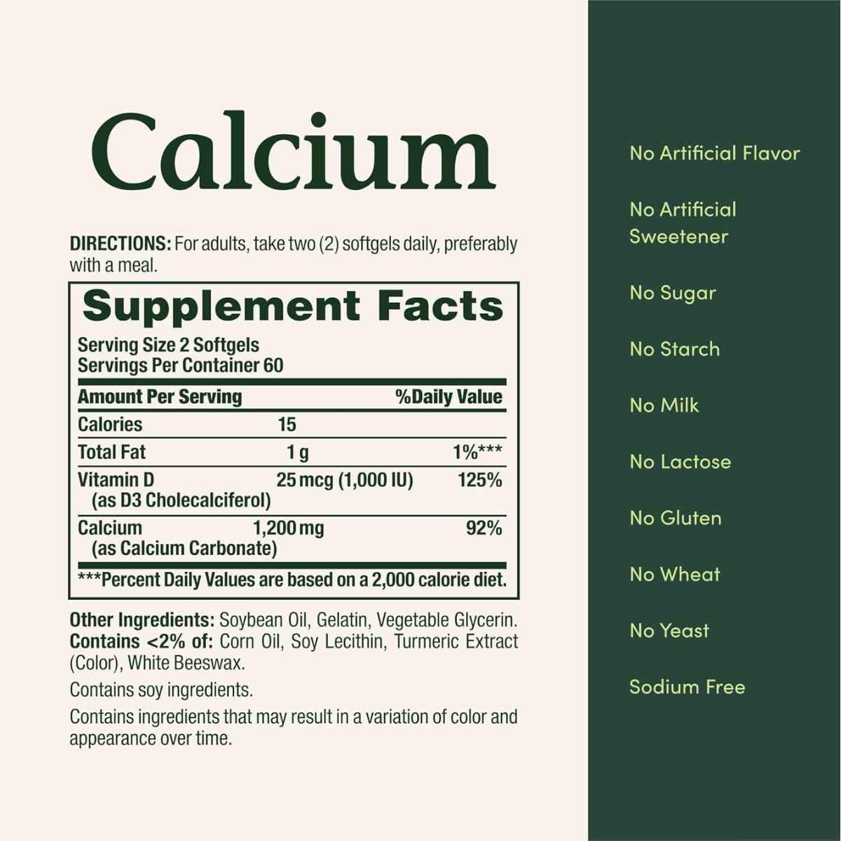 Tabla nutricional del suplemento Nature's Bounty Carbonato de Calcio más Vitamina D3 1200 mg 120 cápsulas blandas