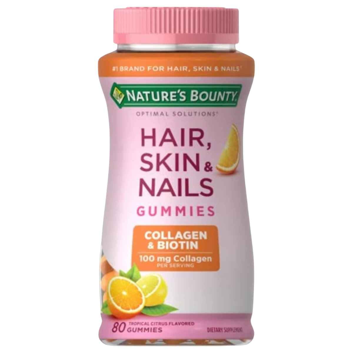 Frasco frontal de Nature's Bounty colágeno y biotina en gomitas sabor cítrico tropical, presentación de 80 gomitas.